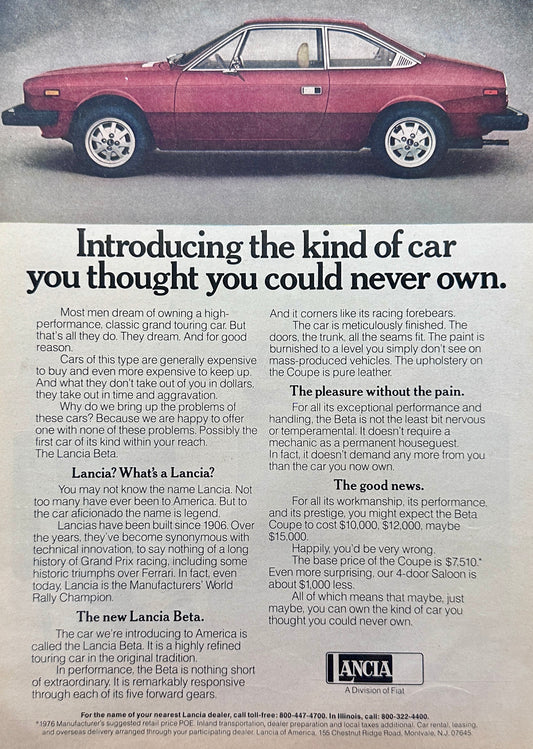 1976 Lancia Beta Magazine Ad - RED Sedan Showroom Floor