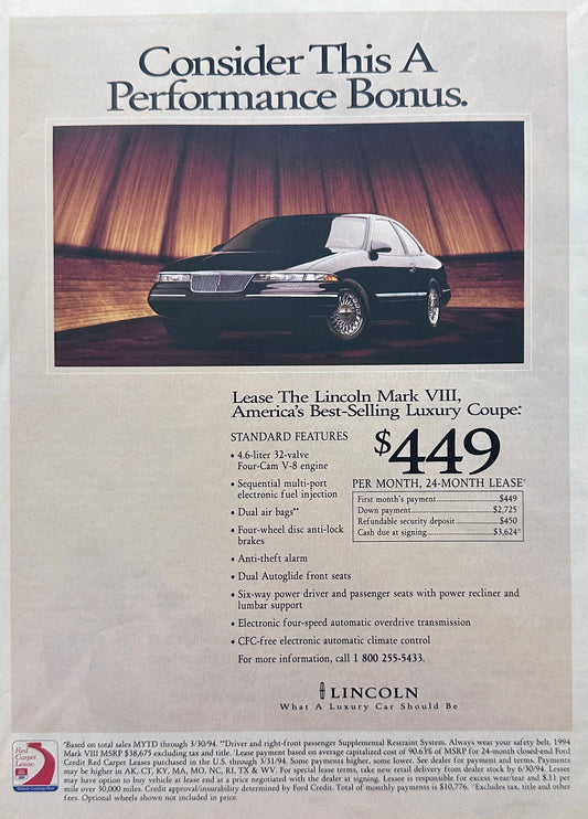 1994 Lincoln Mark VIII Promotional Lease Program Advertisement