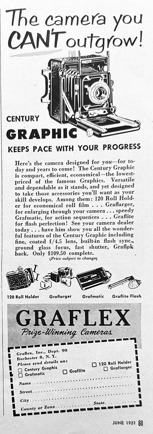 1951 Graflex Century Camera + Misc. Small Sporting Goods Ads