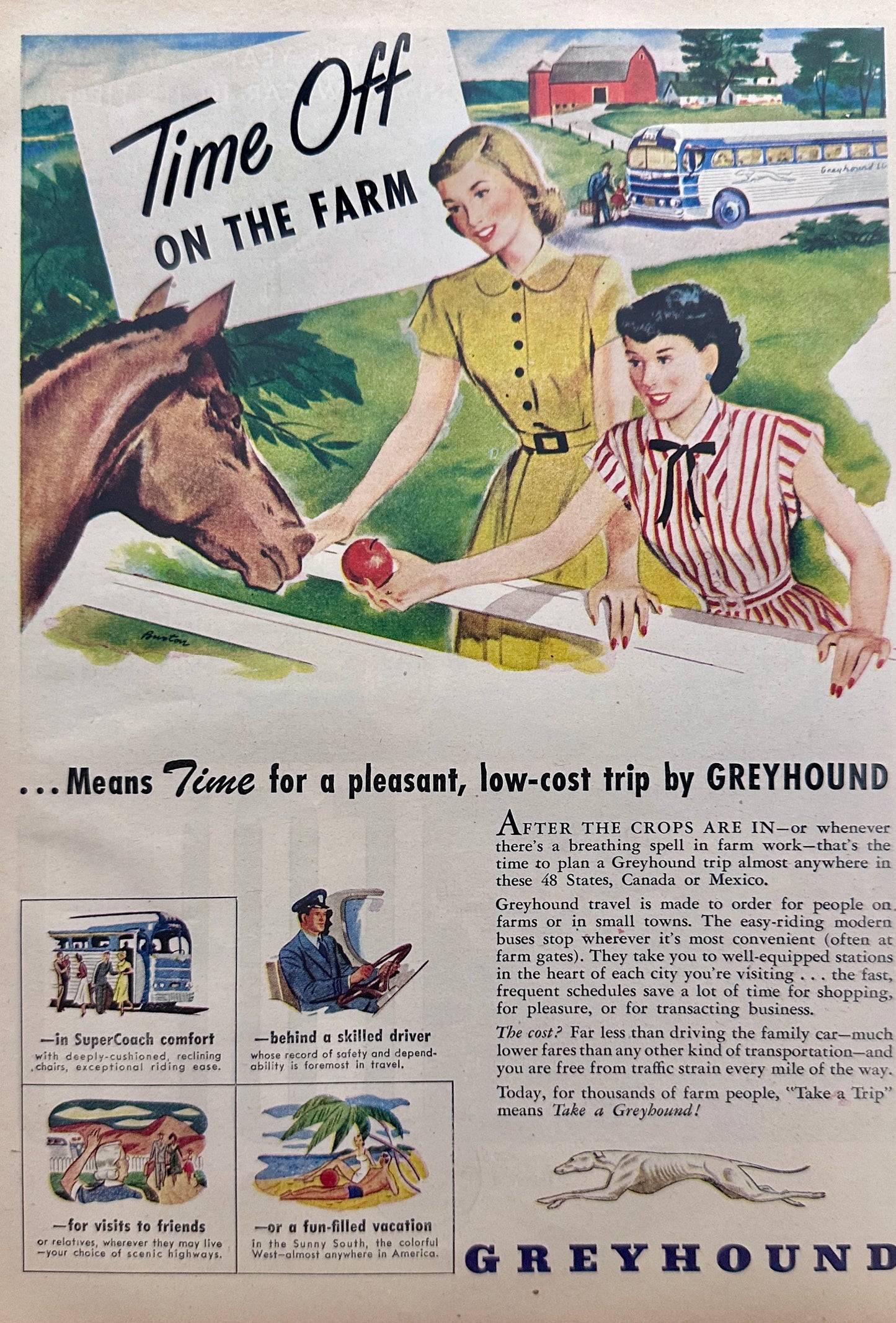 1948 Greyhound Bus Line Time Off The Farm & Ford Custom  Magazine Ad