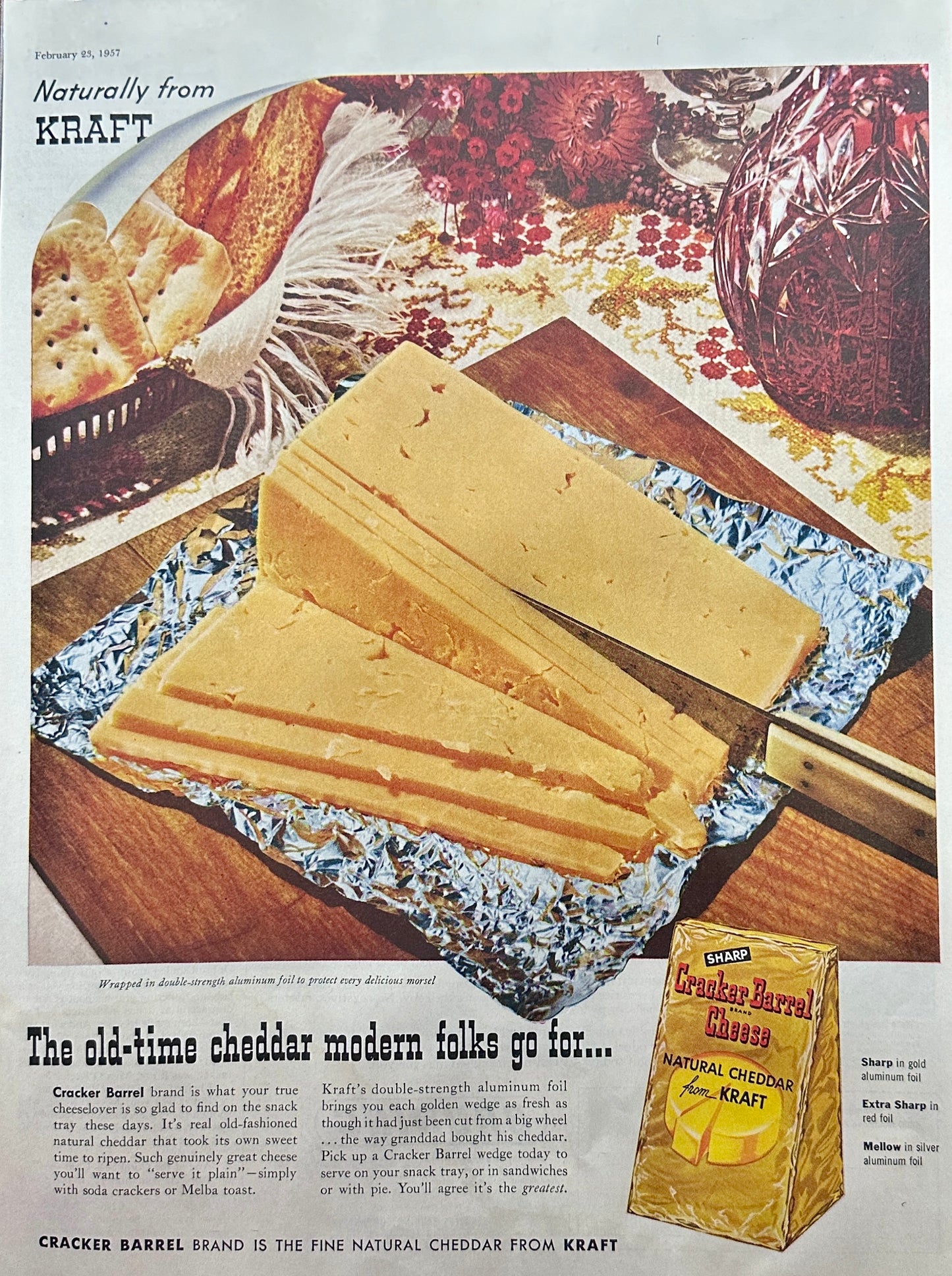 1957 Kraft Cracker Barrel Cheese - Natural Cheddar - Magazine Ad