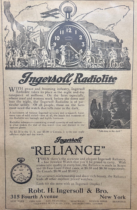 1919 Ingersoll Radiolite Reliance Pocket Watches - Vintage Ad N479