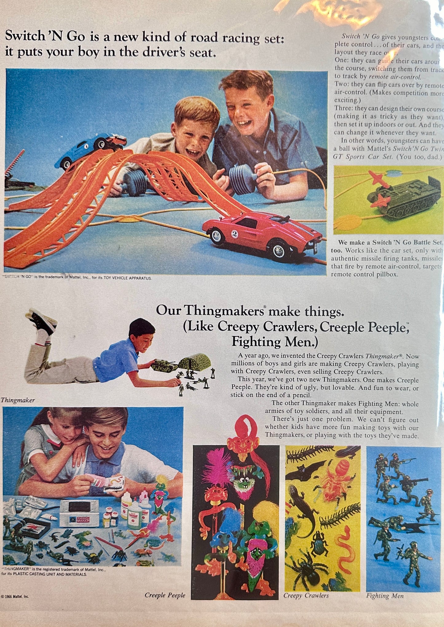 1966 Mattel Toys - Cheerful Tearful + Thingmakers & Switch N Go Racing Set Ad