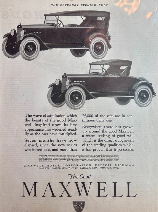 1922 Maxwell 3-Passenger & 5 Passenger Roadster - Magazine Ad #537