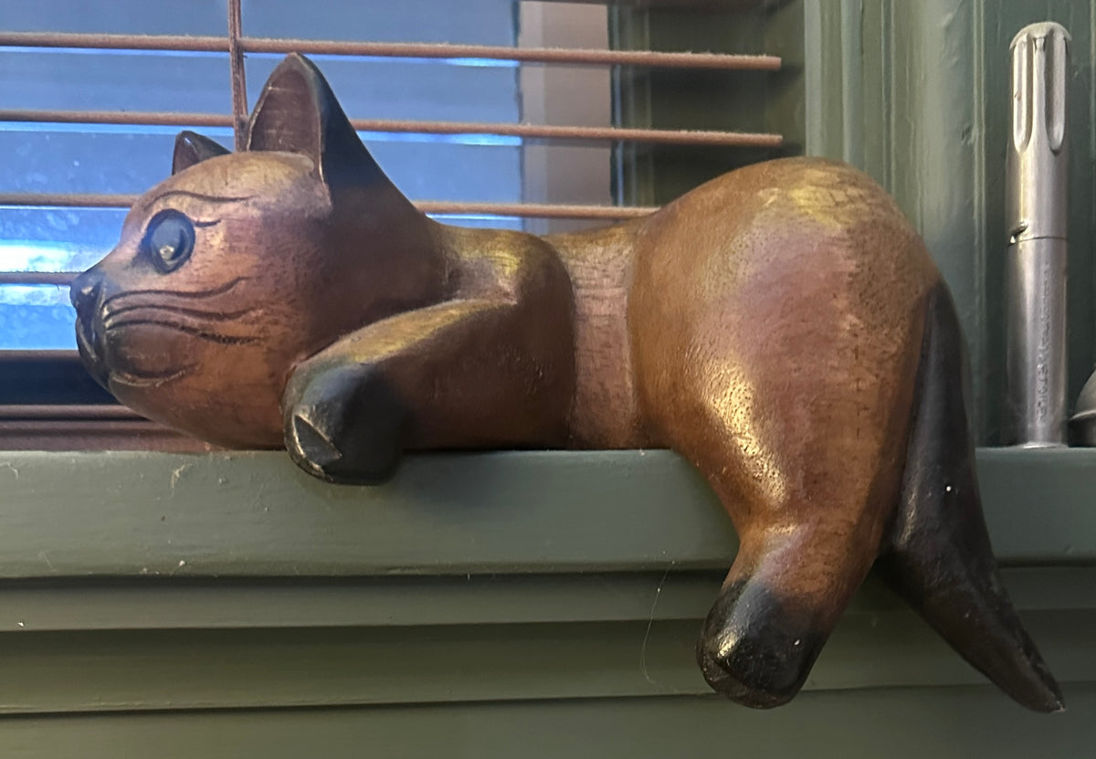 9" Hand Carved Wooden Siamese Cat Shelf Sitter - Unbranded