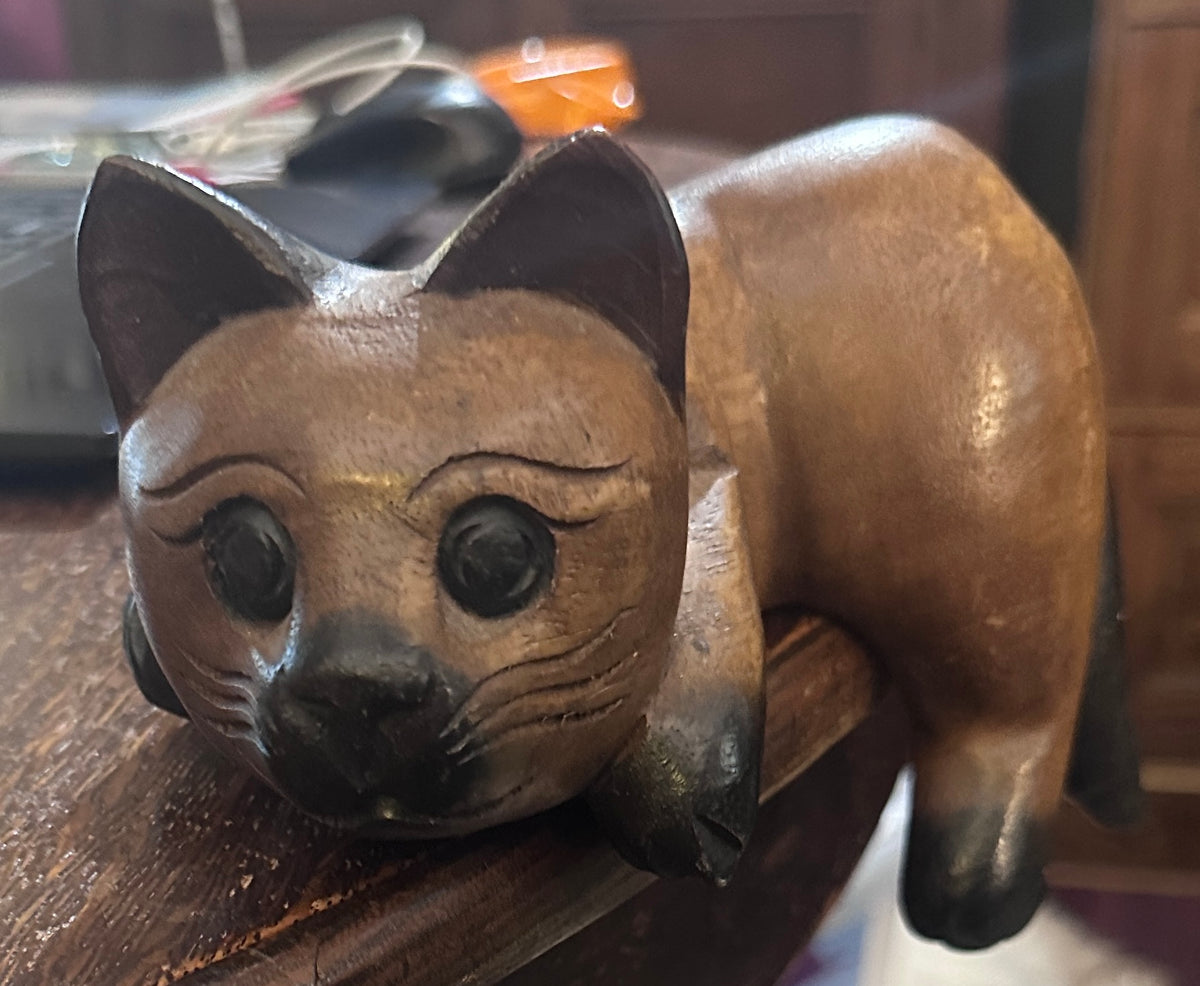 9" Hand Carved Wooden Siamese Cat Shelf Sitter - Unbranded