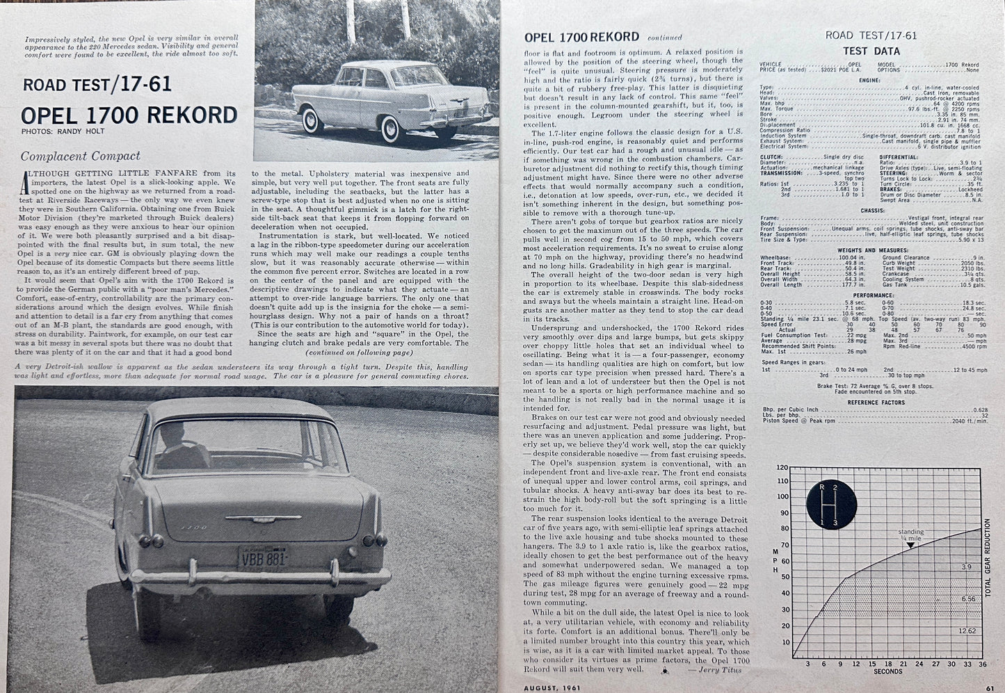 1961 Opel 1700 Rekord Road Test 17-61 Magazine Feature Article