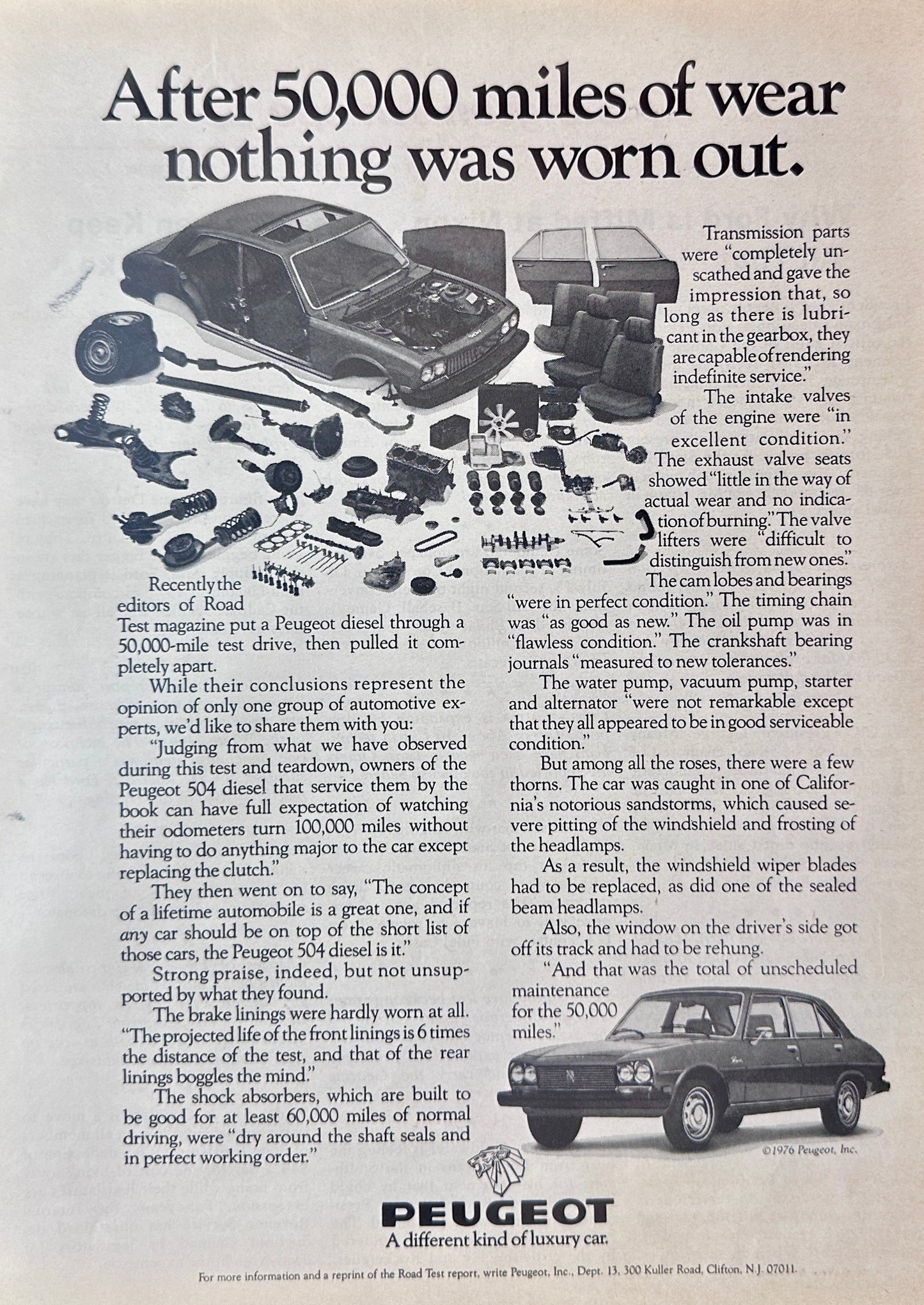 1976 Peugeot 504 Diesel 50,000 Mile Tear Down Magazine Ad