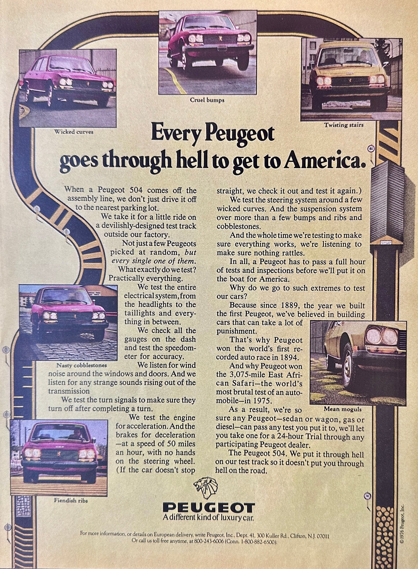 1976 Peugeot 504 Sedan Racetrack Border Magazine Ad