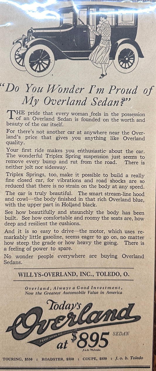 1922 Overland Sedan Proud of my Overland - Vintage Ad #A320