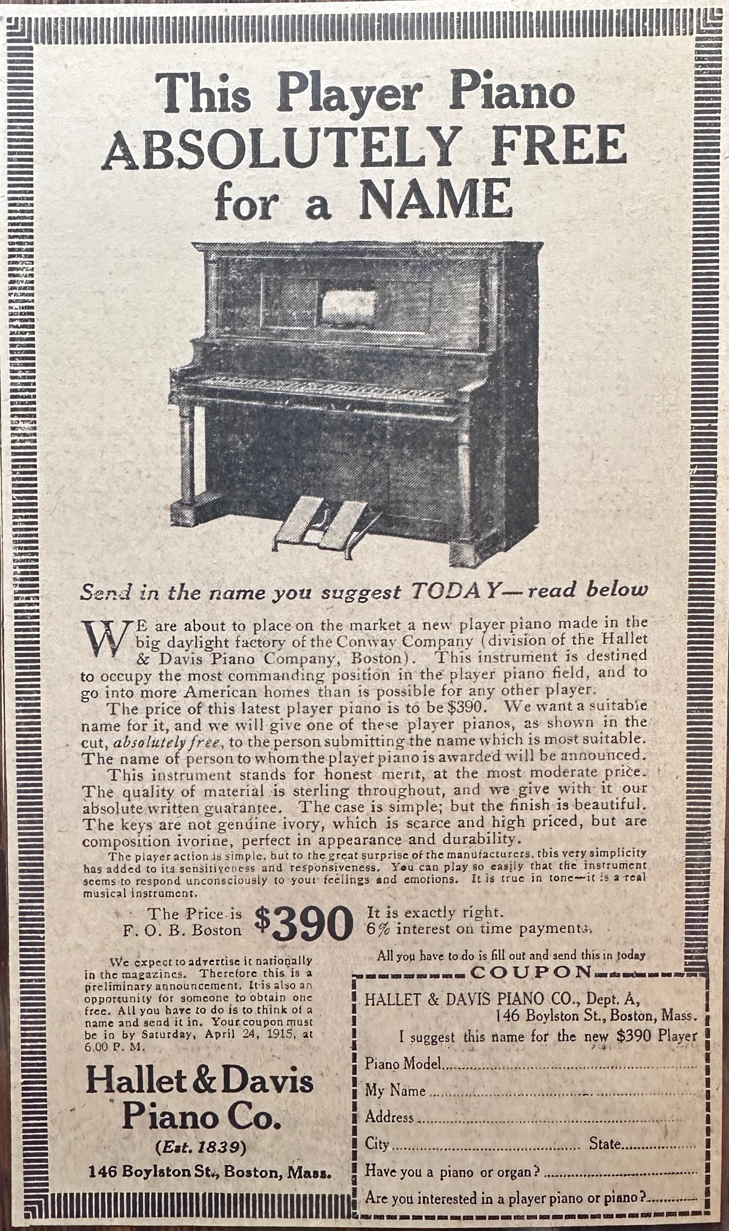 1910 - 1919  Upright Piano - Early Magazine Ads