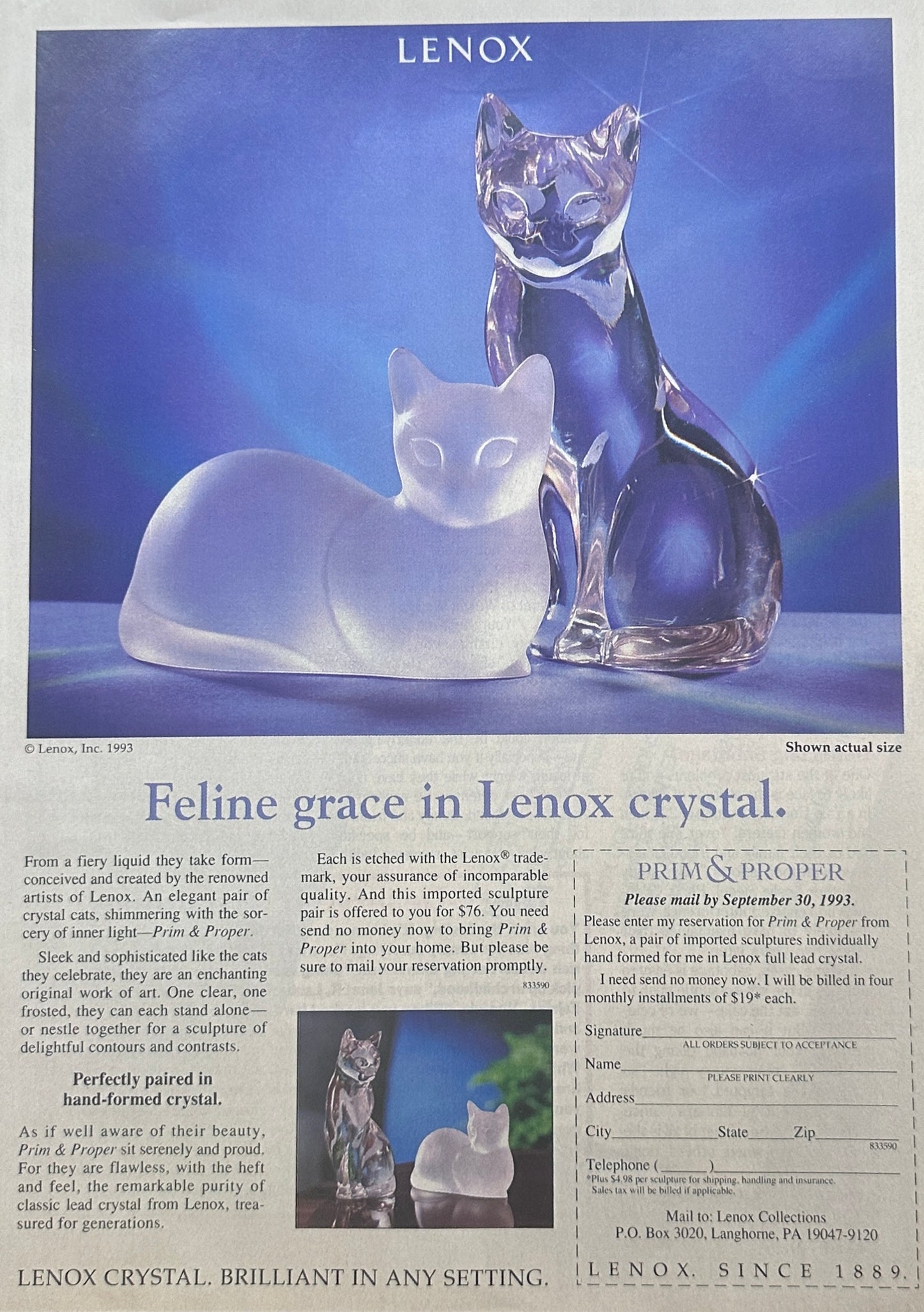 1993 Lenox Crystal Cat Figurines Prim & Proper Reservation Ad