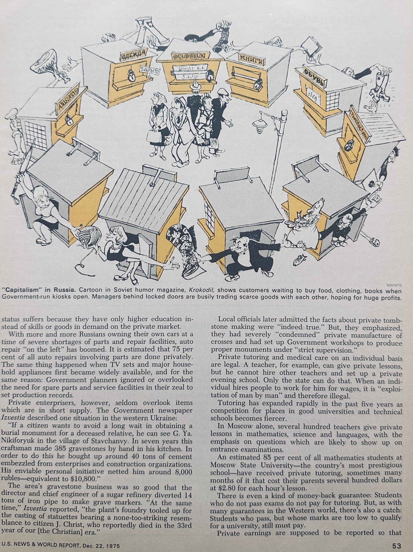 1975 Magazine Political Cartoon - "Capitalism" in Russia - Republished by US News