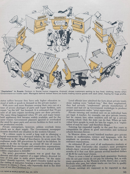 1975 Magazine Political Cartoon - "Capitalism" in Russia - Republished by US News