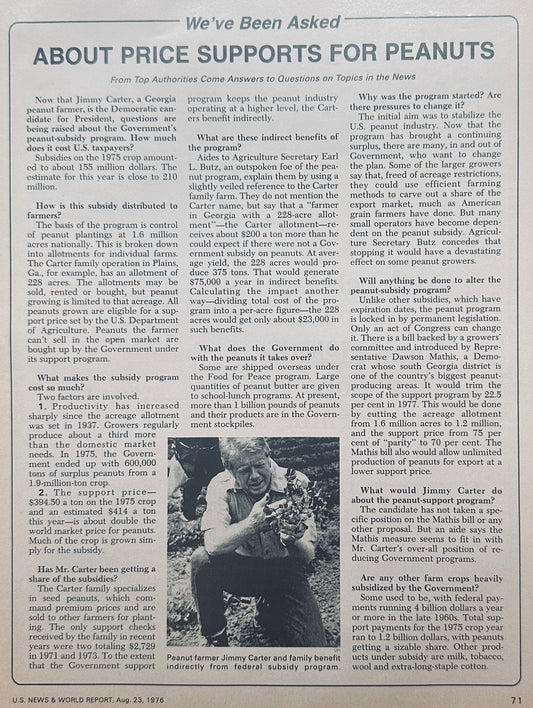 1975 Carter - Price Supports for Peanuts US News Article - Carter pictured