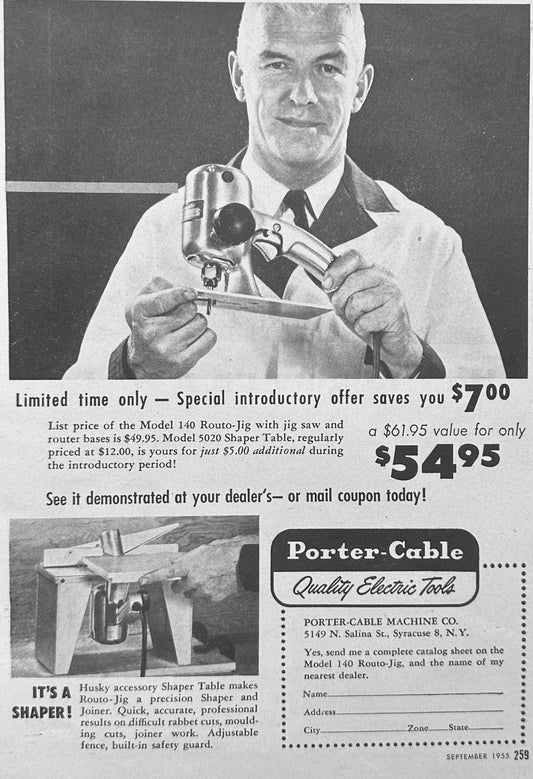 1955 Porter Cable Model 140 Routo-Jig & Model 5020 Shaper Table - Vintage Ad