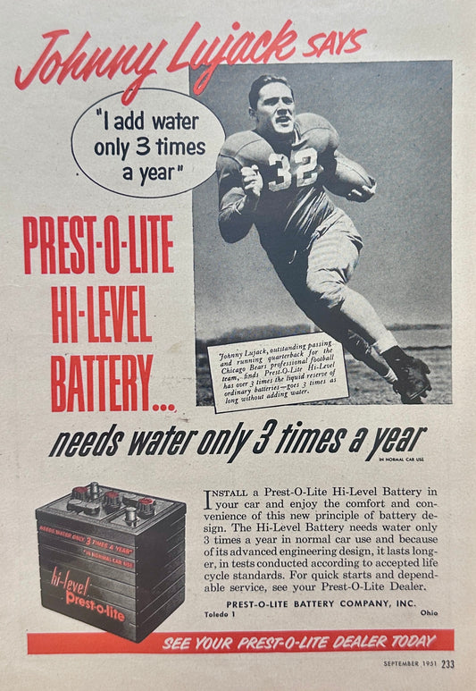 1951 Johnny Lujack Recommends Prestolite Auto Battery - Vintage Ad