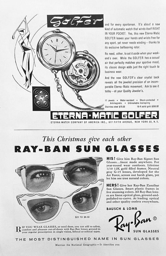 1956 Golfer Eterna*Matic Pocket Watch & Ray Ban Sun Glasses Vintage Ad