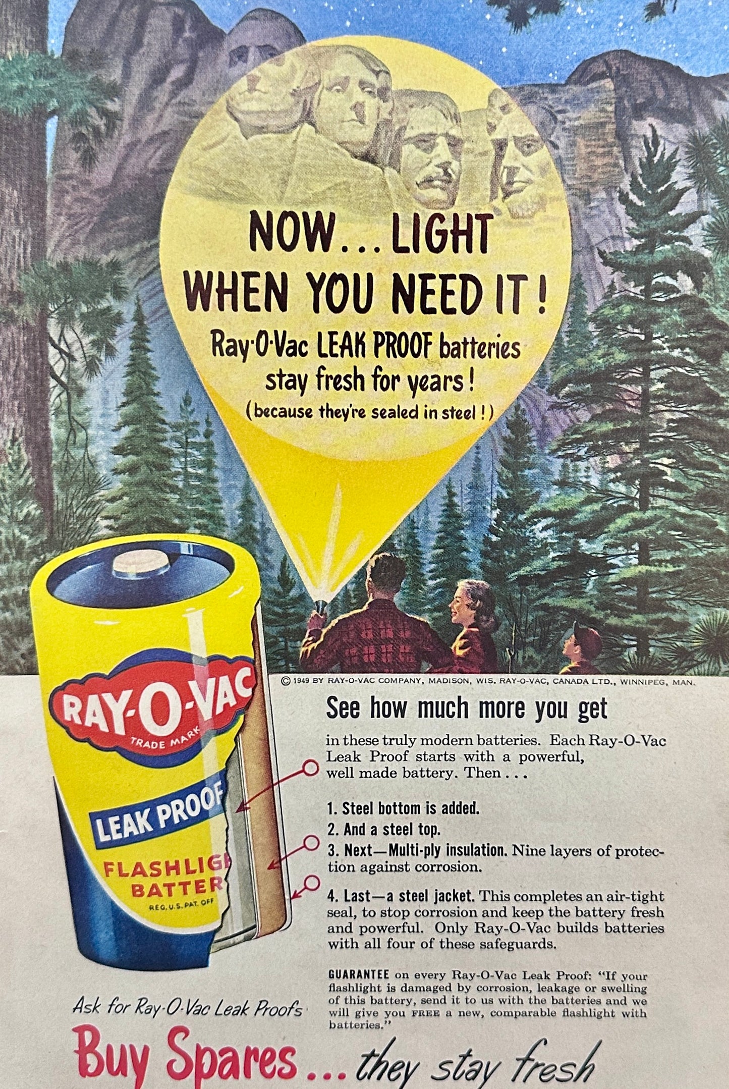 1949 Ray-O-Vac Battery  Mount Rushmore - Magazine Ad