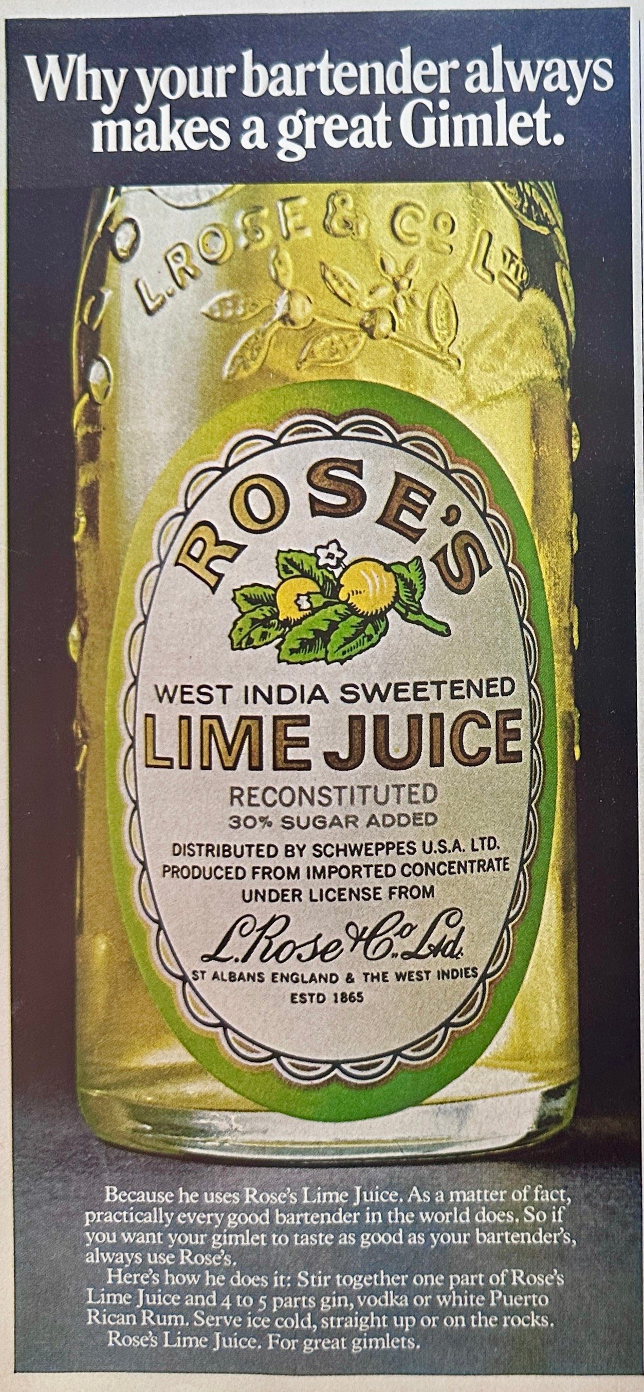 1976 Rose's Lime Juice - Hey Bartender - Secret to Great Gimlet - Vintage Ad