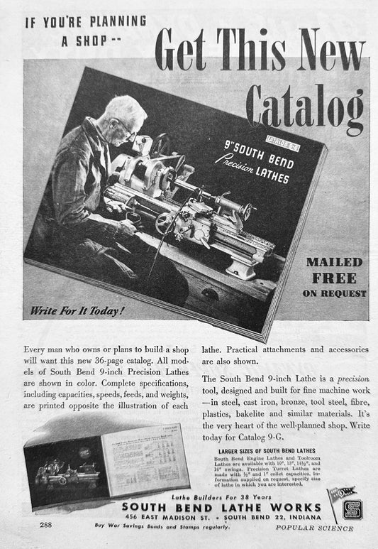 1945 South Bend Lathe Promotional Ad - Free Catalog