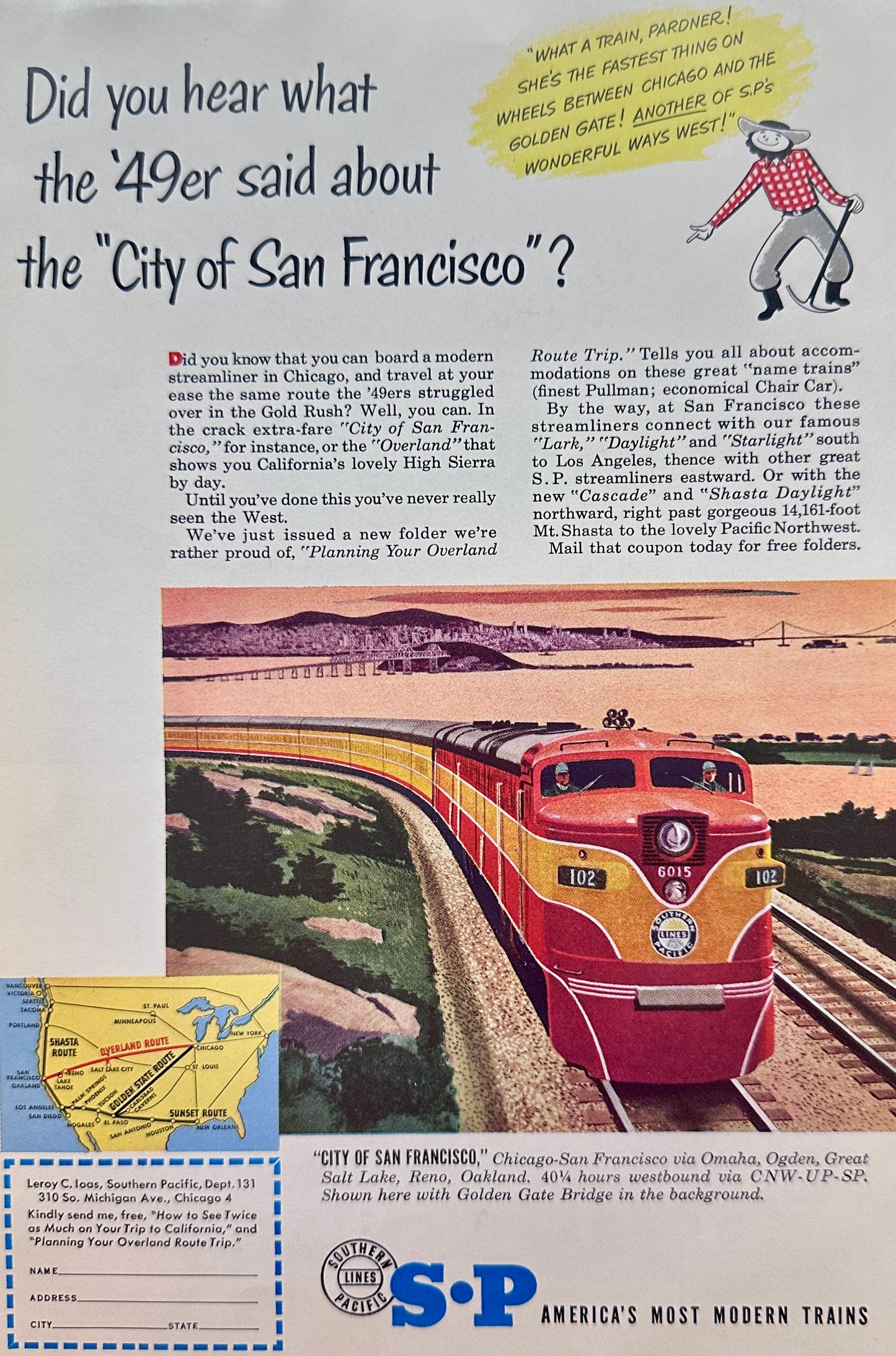 1951 "The City of San Francisco" - Southern Pacific Train And Route - Vintage Ad