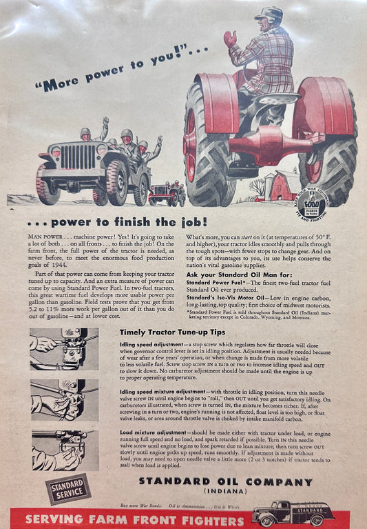 1944 Standard Oil Company (Indiana) WWII Era Serving Farm Front Fighters Magazine Ad