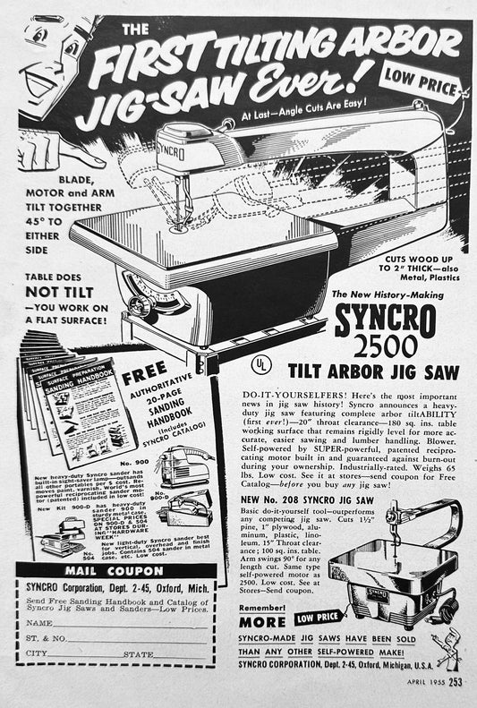 1955 Synchro 2500 Tilt Arbor Jig Saw - First Ever Jigsaw with Tilt! Vintage Ad