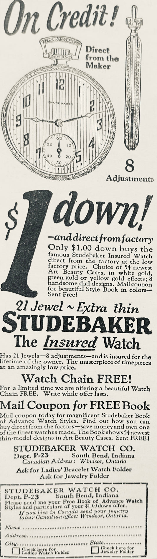 1924 Studebaker Pocket Watch - South Bend Indiana - Vintage Ad N878