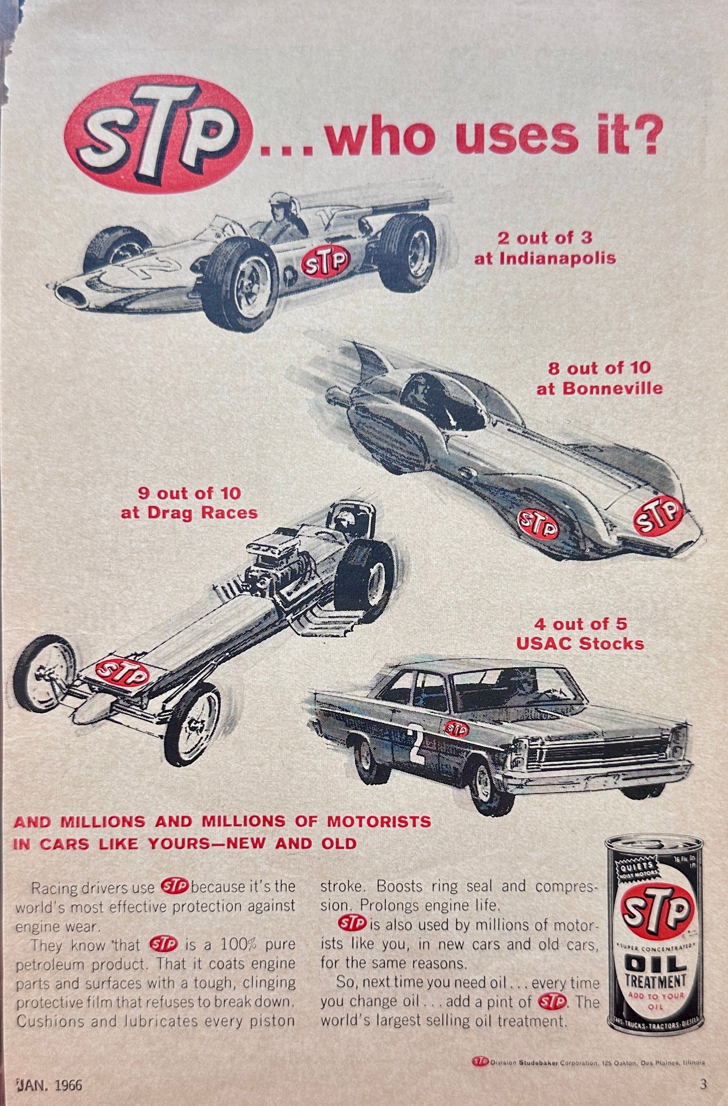 1966 Classic STP Oil Treatment - Vintage Ad - Who Uses It?