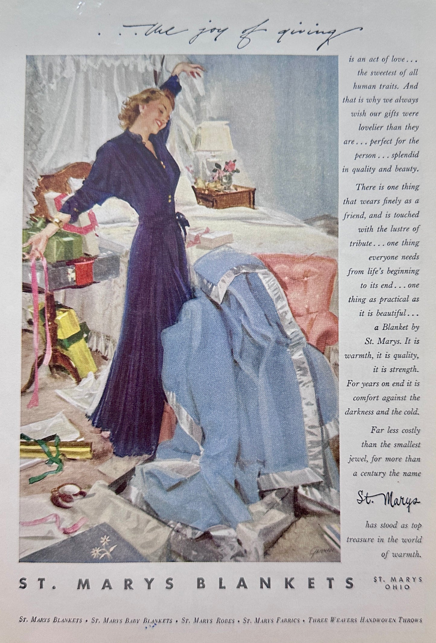 1951 St. Mary's Blankets - The Joy Of Giving - Vintage Ad