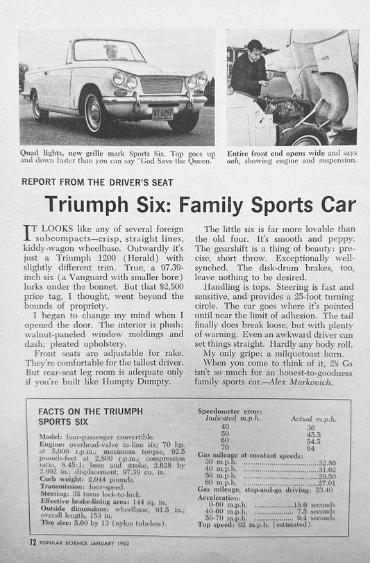 1963 Triumph Six Family SPorts Car 1 Page Feature Article