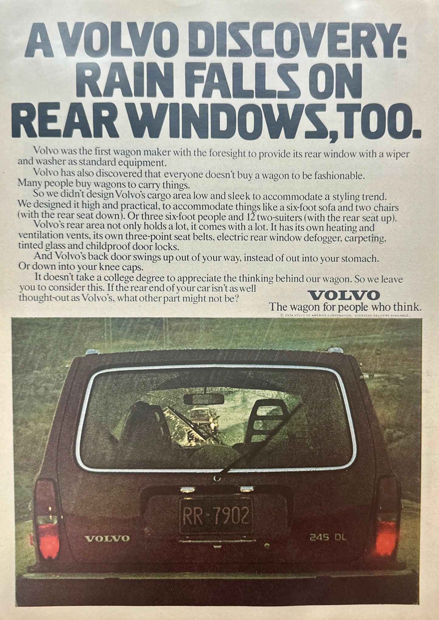 1974 Volvo  Discovery - Rain Falls on the Back Window Too! - Vintage Ad