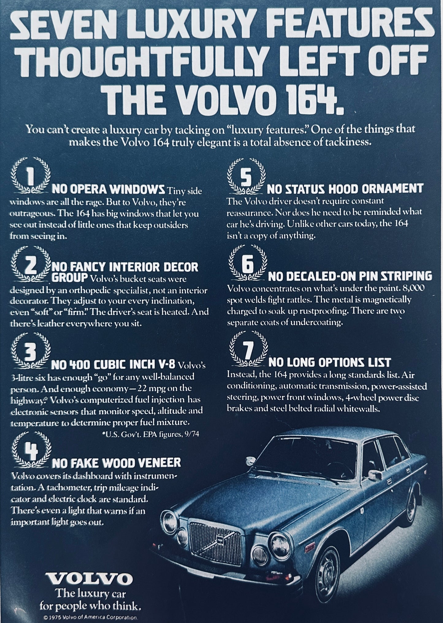 1975 Volvo 164 -7 Luxury Features Not on This Car - Vintage Ad