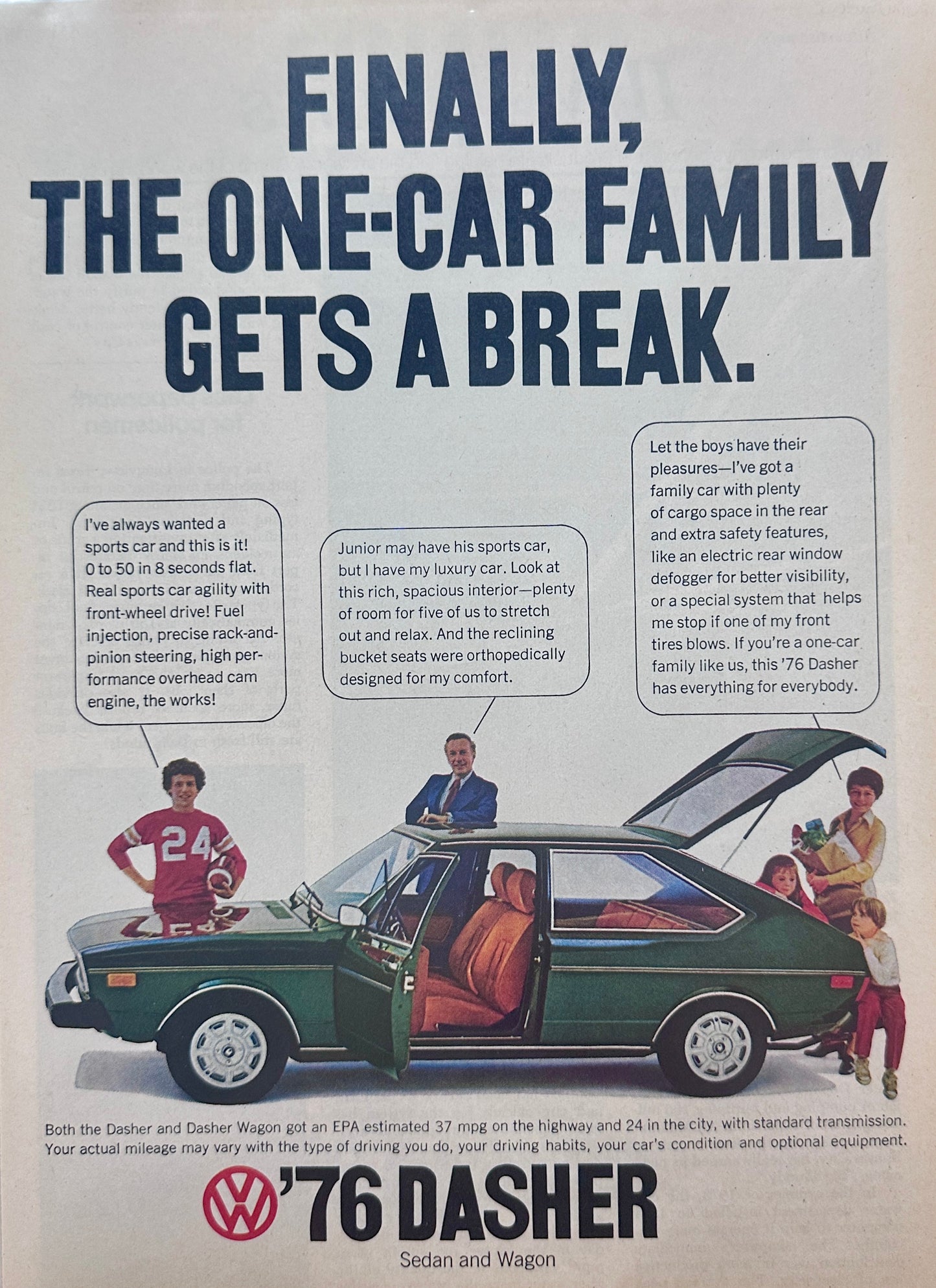 1976 Volkswagen Dasher One-Car Family Magazine Ad