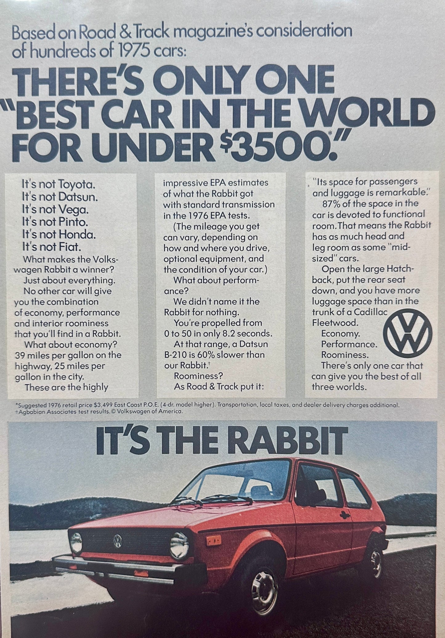 1976 Volkswagen Rabbit Best Car In The World - in Red - Magazine Ad