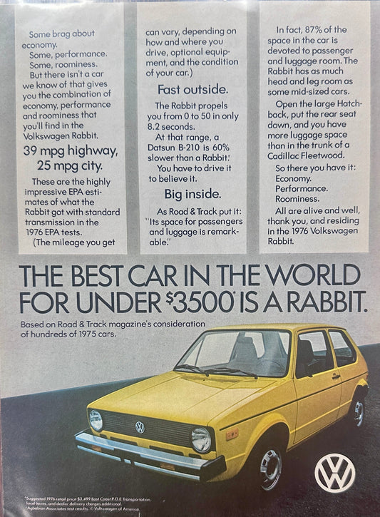 1976 Volkswagen Rabbit - In Yellow - Single Page Best Car In The World - Vintage Ad