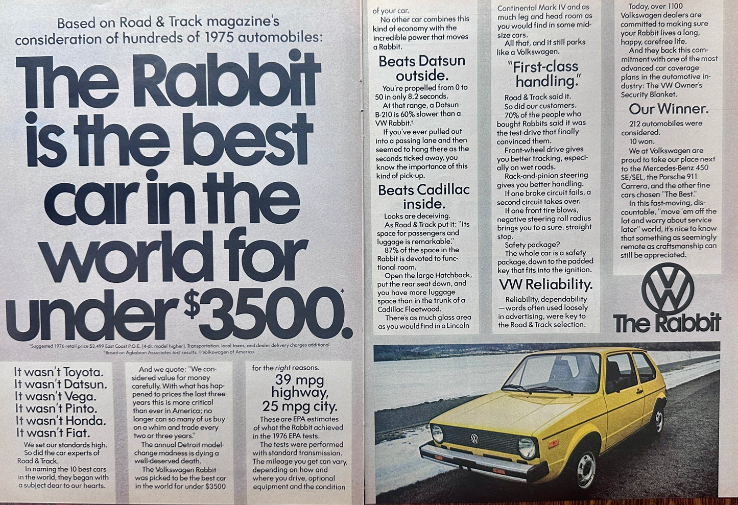 1976 Volkswagen Rabbit in Yellow 2-Page Magazine Ad