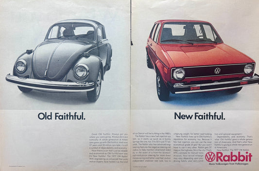 1977 Old Faithful (VW Beetle) & New Faithful l(VW Rabbit) - Vintage Ad