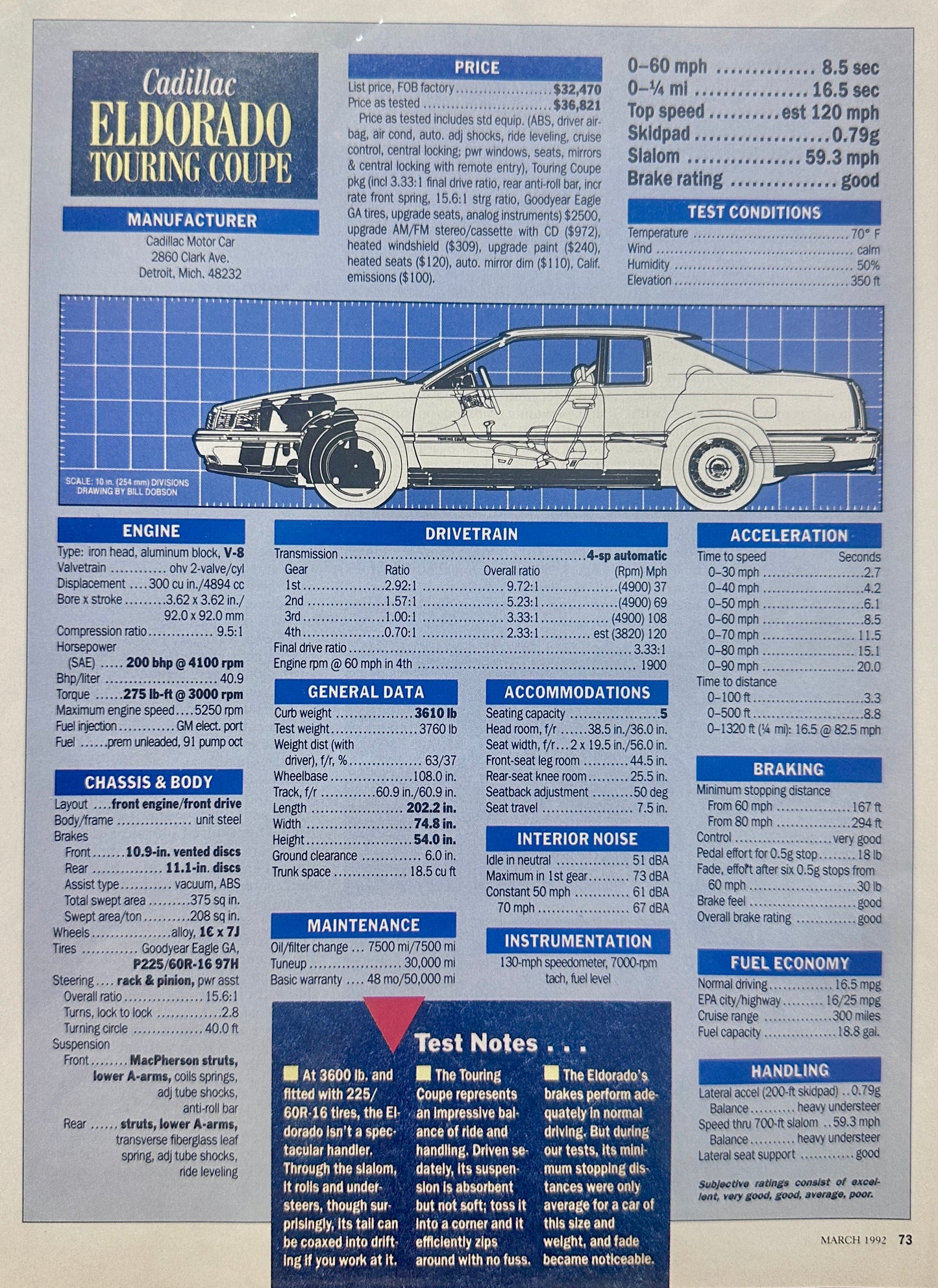 1992 Road & Track Performance Summary - Cadillac Eldorado Coupe - Ad