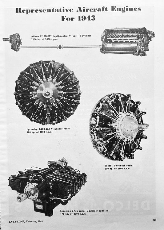 1943 Aircraft Engines - Pratt & Whitney, Allison, Curtiss, Lycoming, Jacobs