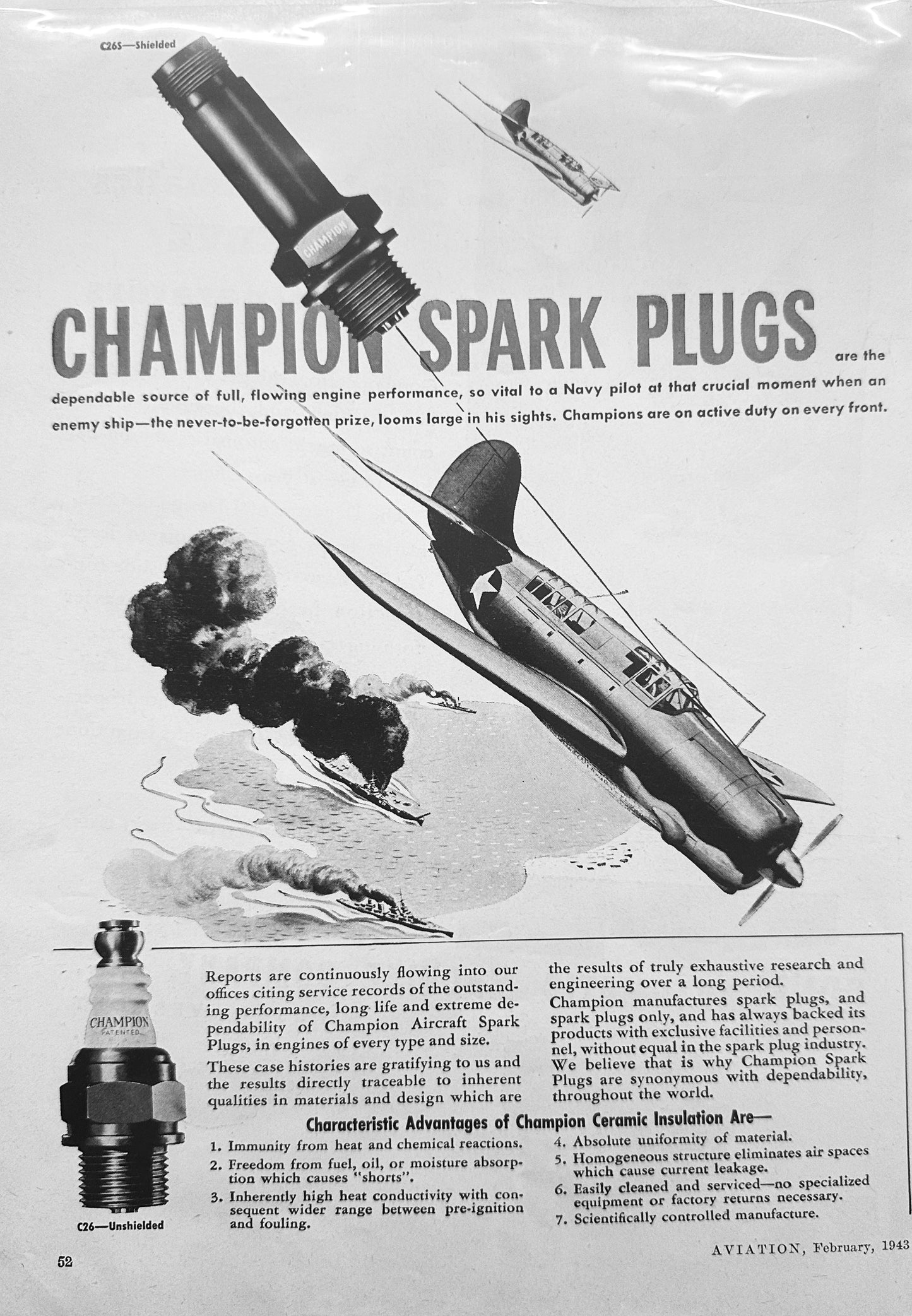 1943 Champion Spark Plugs - Navy Warbird  - Cone Automatic Machine Advertisements