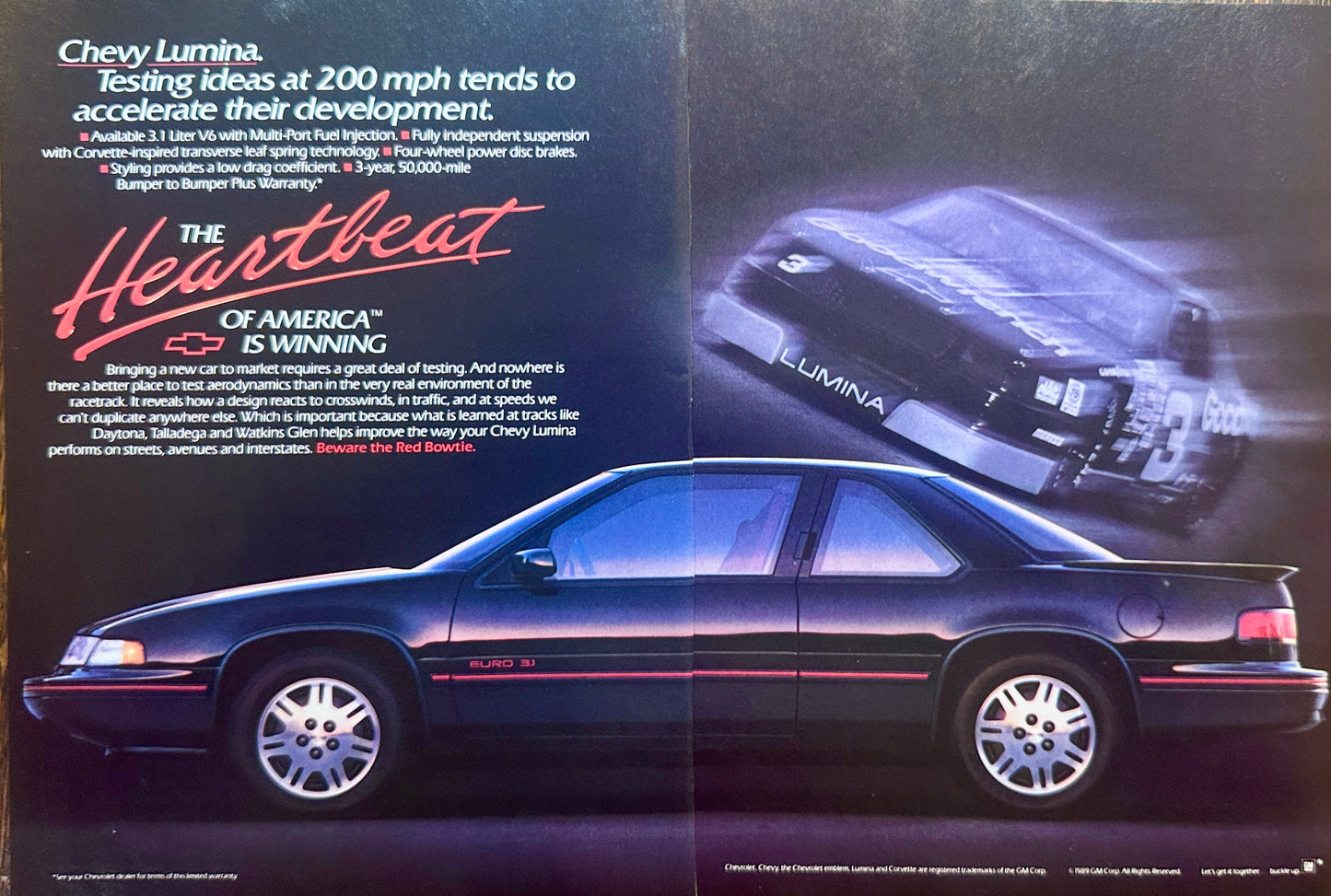 1989 2-Page Chevy Lumina - Black Sedan & Race Car Vintage Ad