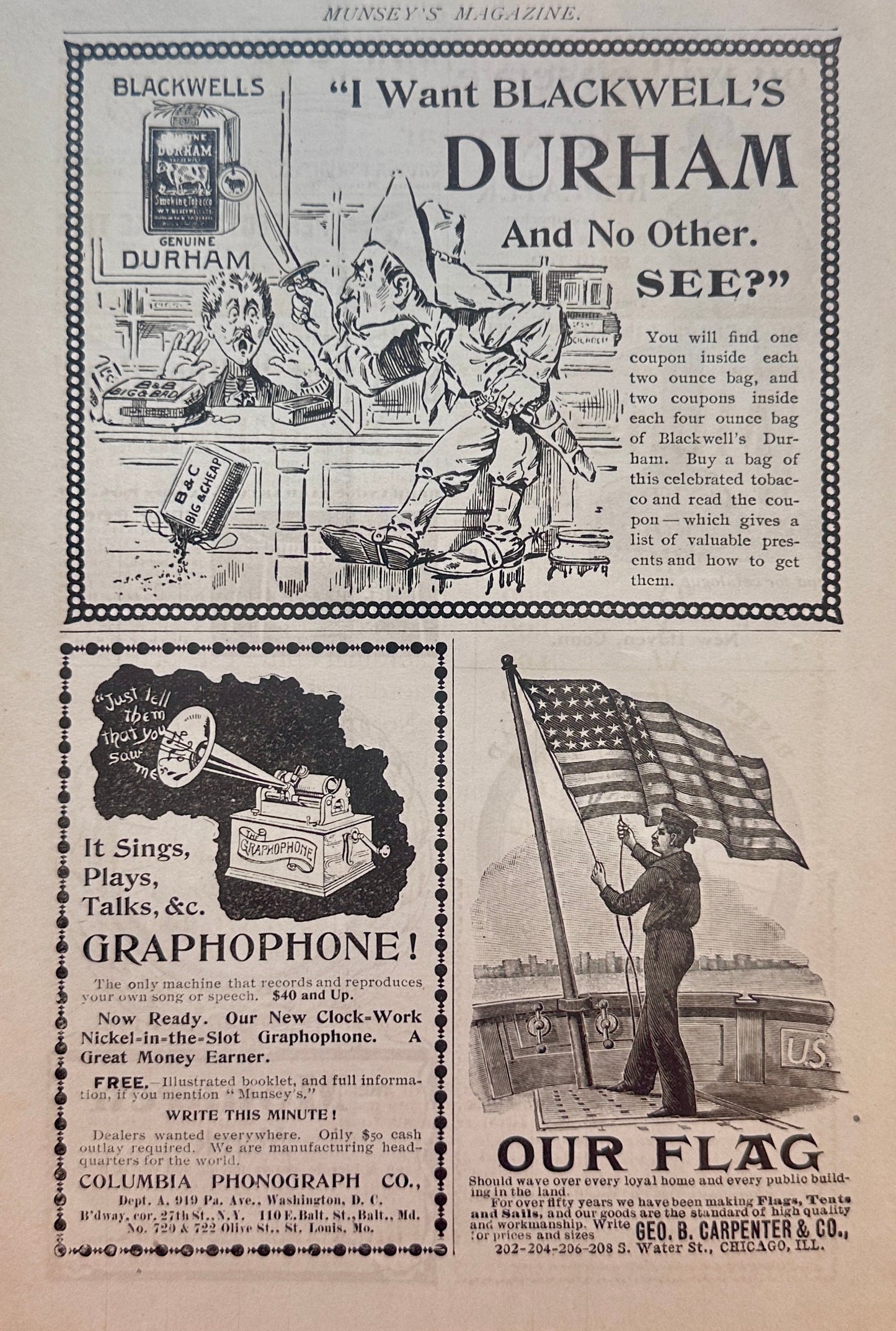 1896 Early Advertisements - Graphophone, Durham, Monarch, Marlin + More Brands