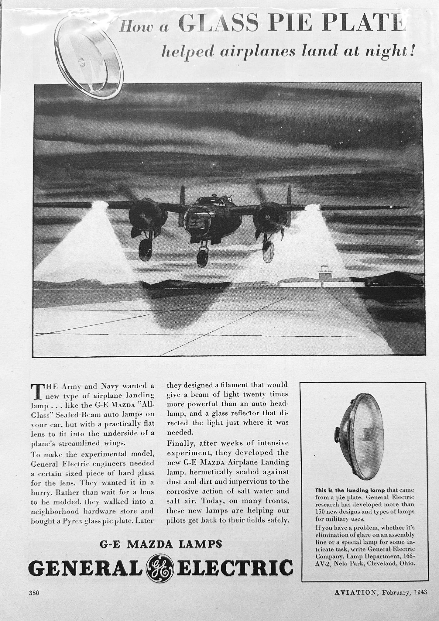 1943 General Electric Mazda Airplane Landing Lamp - Historical Ad