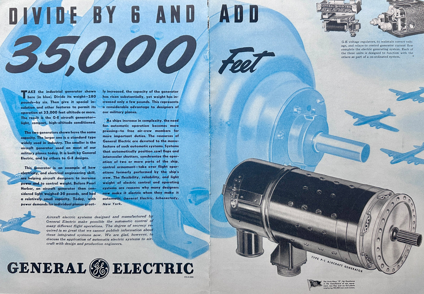 1943 General Electric Aircraft Generator Centerfold Ad - Divide by 6