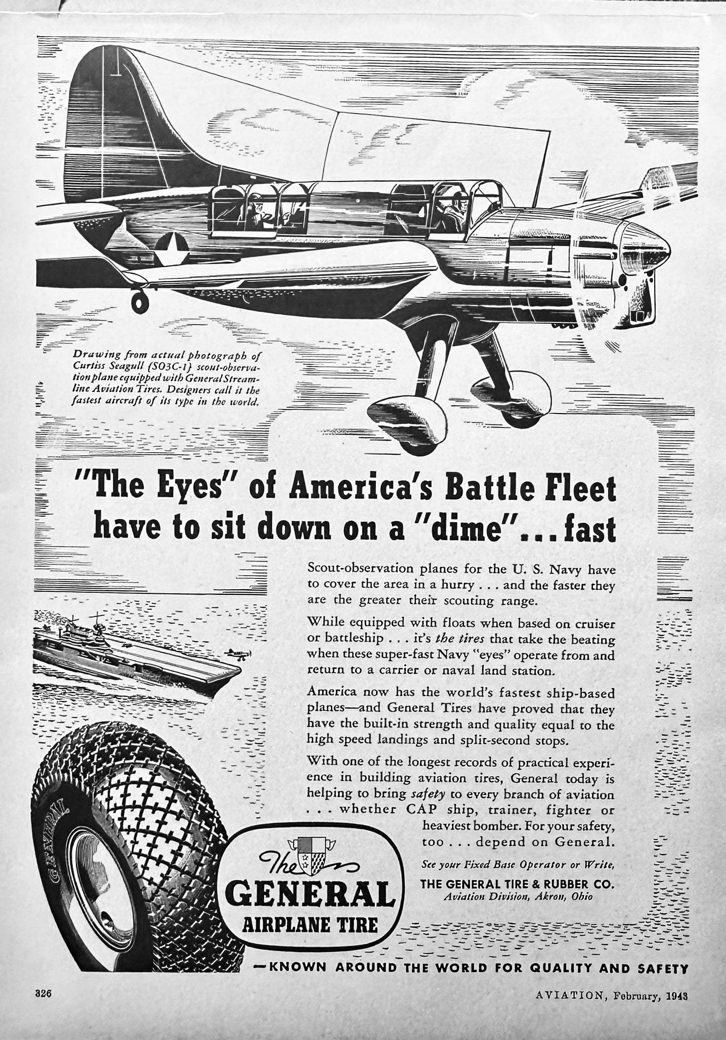 1943 General Airplane Tires - Curtiss Seagull Scout Observation Plane Ad