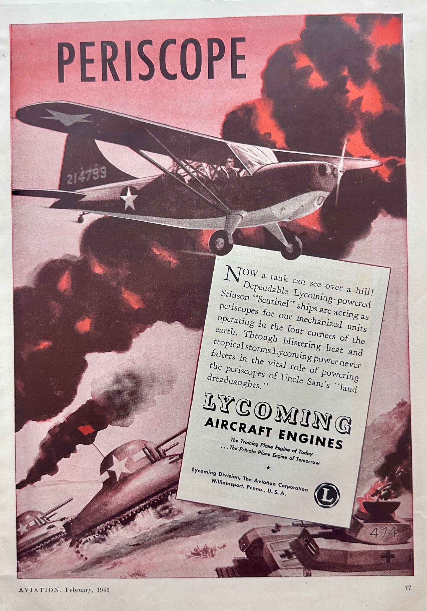 1943 Stinson Sentinel Ships With Lycoming Engines WWII Era Advertising