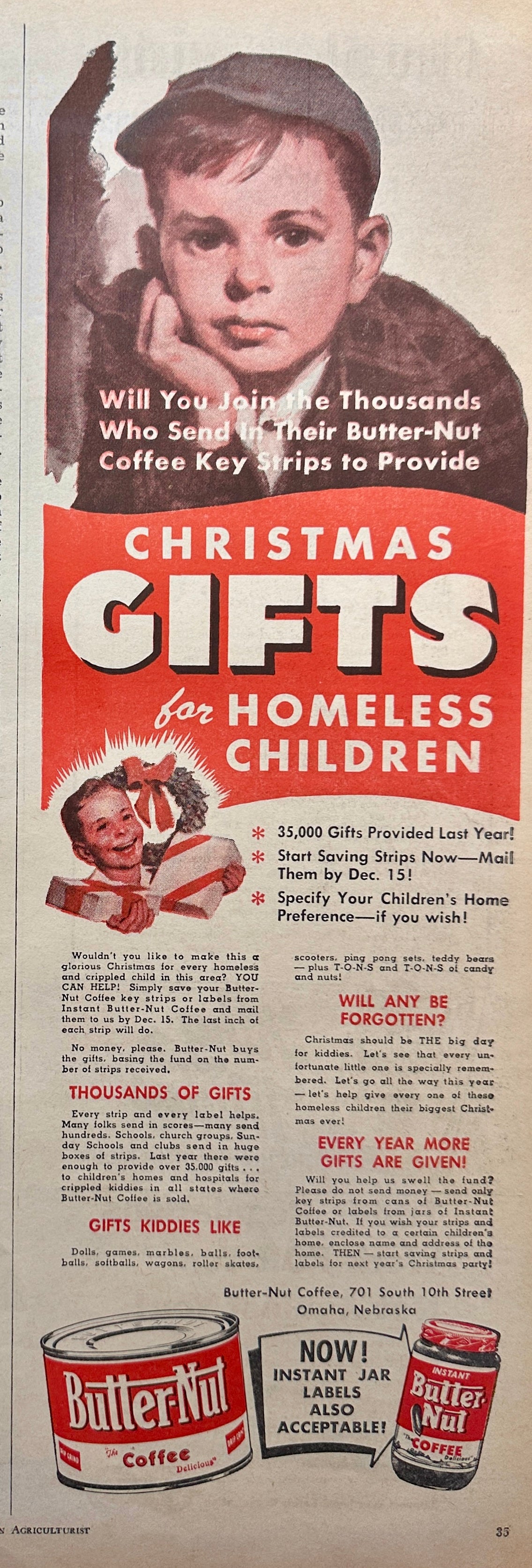 1958 Butter-Nut Coffee Christmas for Homeless Children Benefit - Vintage Ad