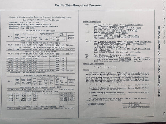 1936 Nebraska Tractor Test #266 Massey-Harris Pacemaker - Final Report N608